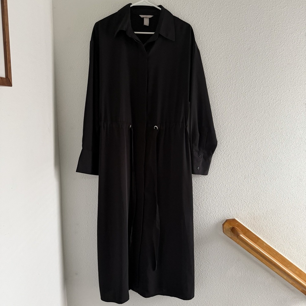 H&M Womens M Black Collared Button Down Long Sleeve Shirt Dress Midi Waist Tie